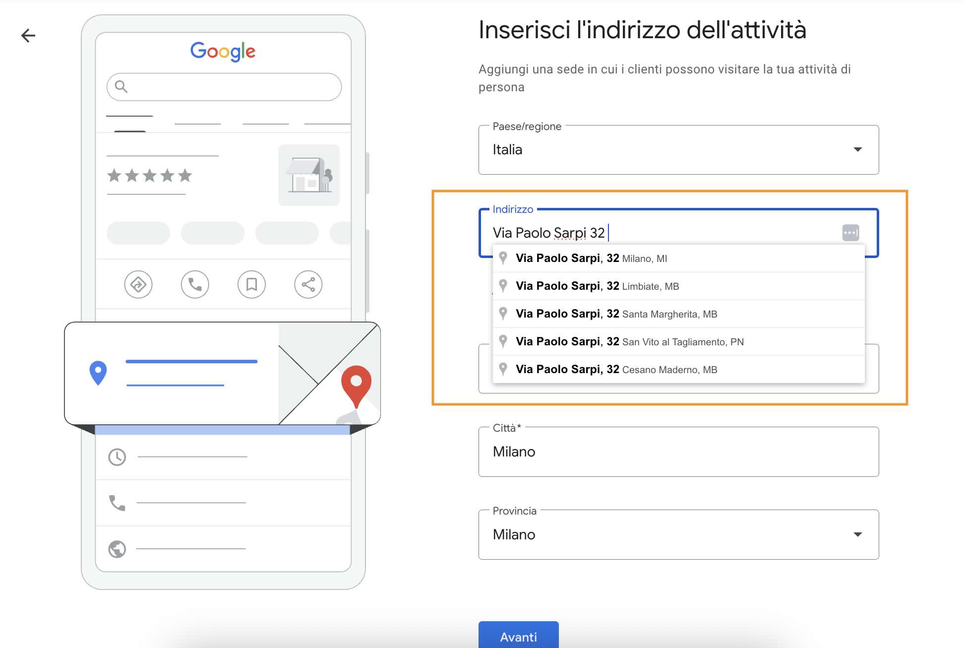 Aggiungi indirizzo dell'attività Google Business Profile