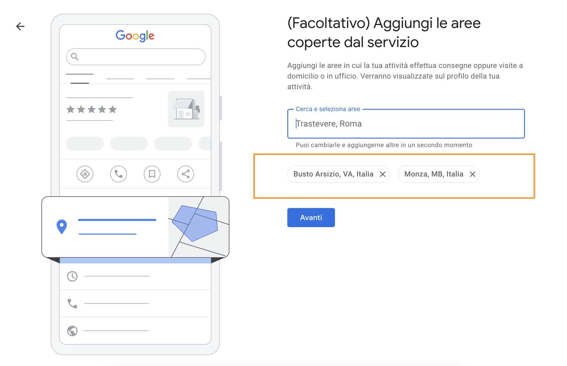 Inserisci aree coperte dal servizio di spedizione/consegna