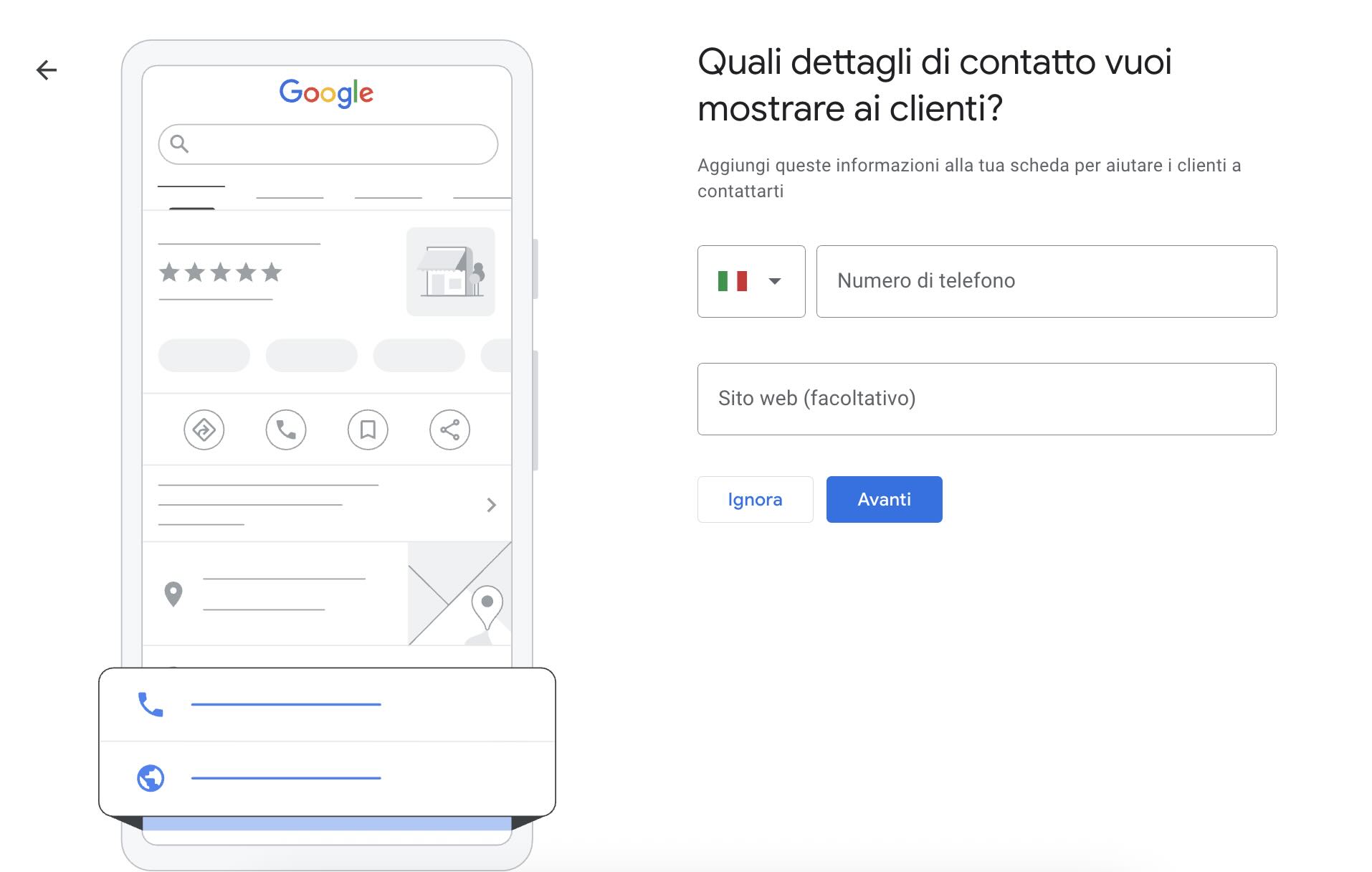 Inserisci numero di telefono e sito web della tua attività