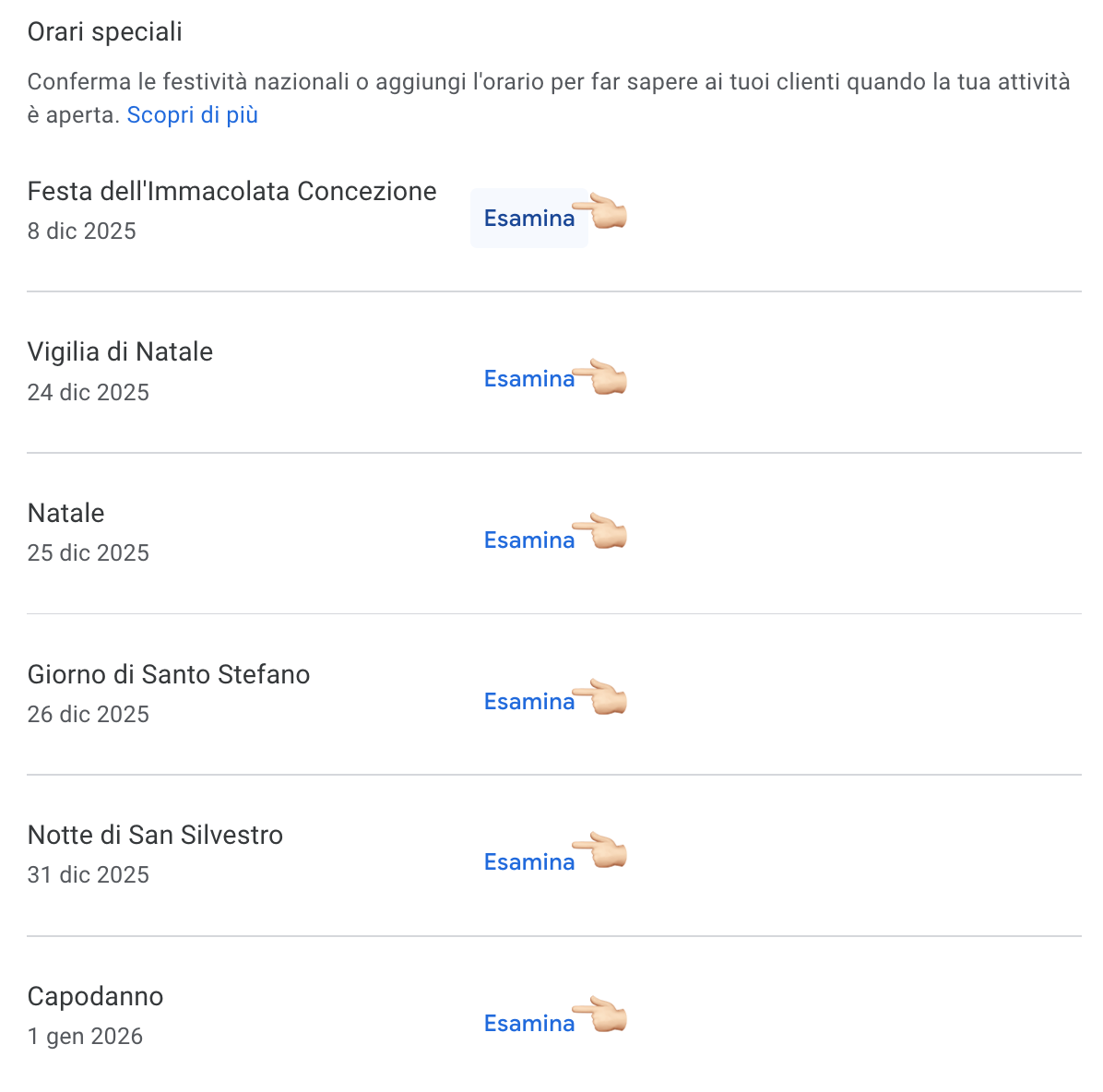 Esamina gli eventi per aggiungere orari speciali