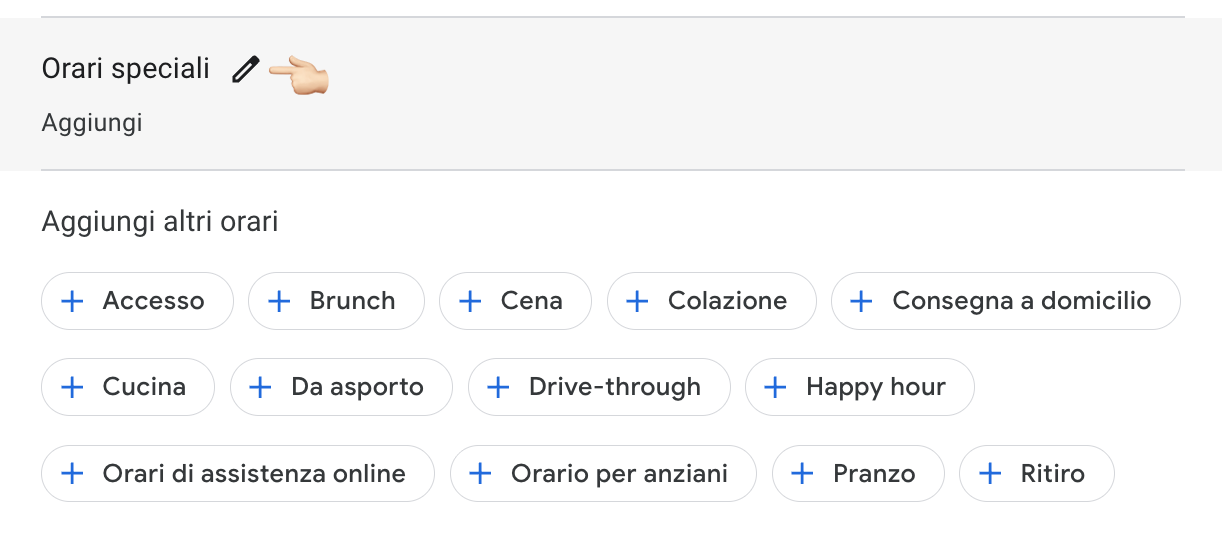 Sezione Orari Speciali di Google Business Profile