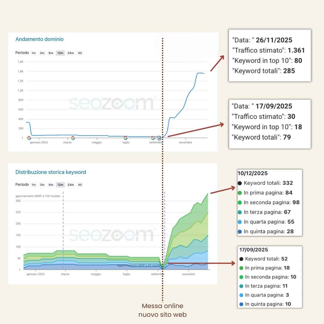 Variazione di traffico e parole chiave posizionate per un sito di falegnameria con attività SEO in corso