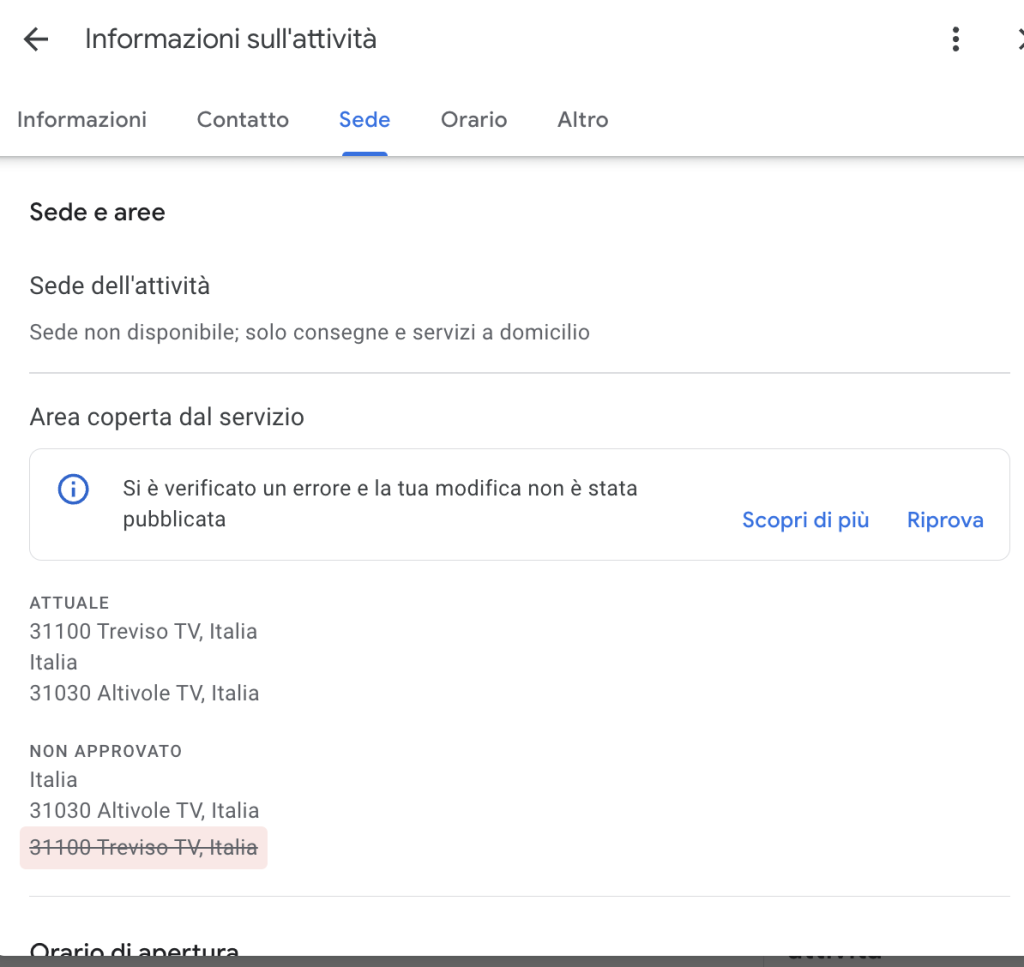 Inserisci area di servizio e indirizzo attività